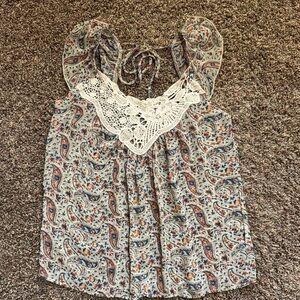 Lilly White Crochet-Trim Paisley Sleeveless Top - Blue & Cream S